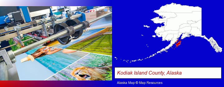 a press run on an offset printer; Kodiak Island County, Alaska highlighted in red on a map