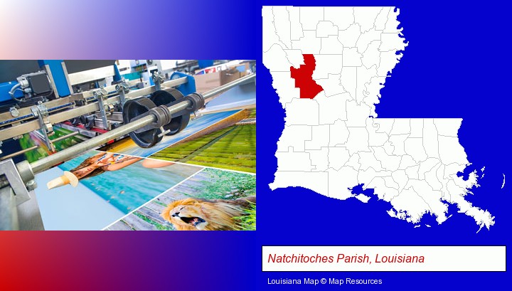 a press run on an offset printer; Natchitoches Parish, Louisiana highlighted in red on a map