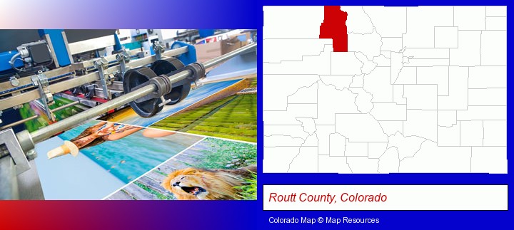 a press run on an offset printer; Routt County, Colorado highlighted in red on a map