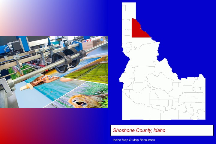 a press run on an offset printer; Shoshone County, Idaho highlighted in red on a map