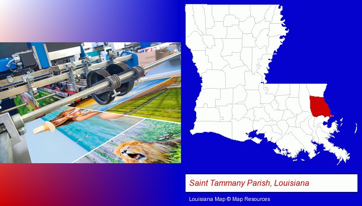 a press run on an offset printer; Saint Tammany Parish, Louisiana highlighted in red on a map