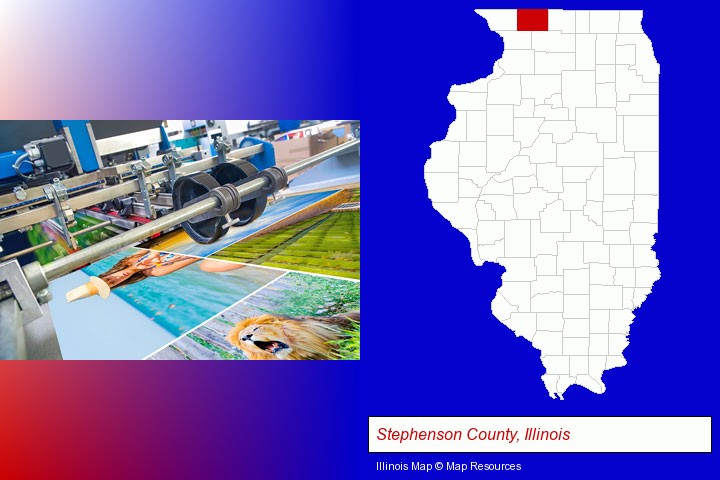 a press run on an offset printer; Stephenson County, Illinois highlighted in red on a map