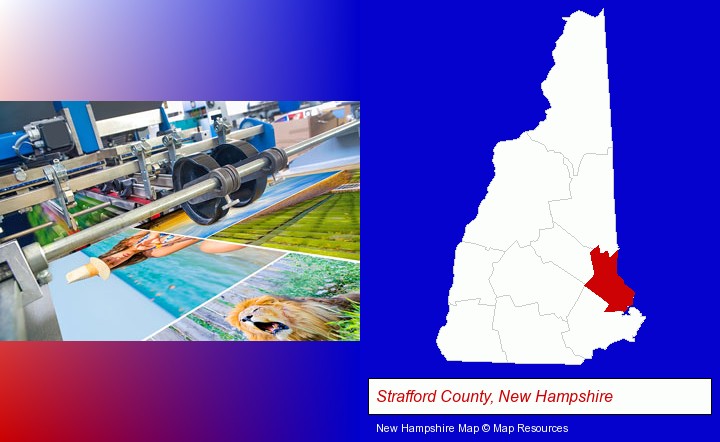 a press run on an offset printer; Strafford County, New Hampshire highlighted in red on a map