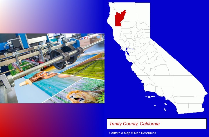 a press run on an offset printer; Trinity County, California highlighted in red on a map