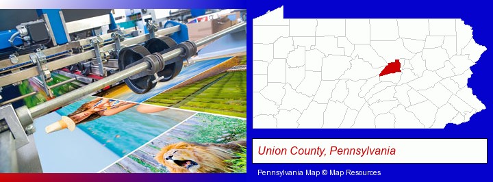 a press run on an offset printer; Union County, Pennsylvania highlighted in red on a map